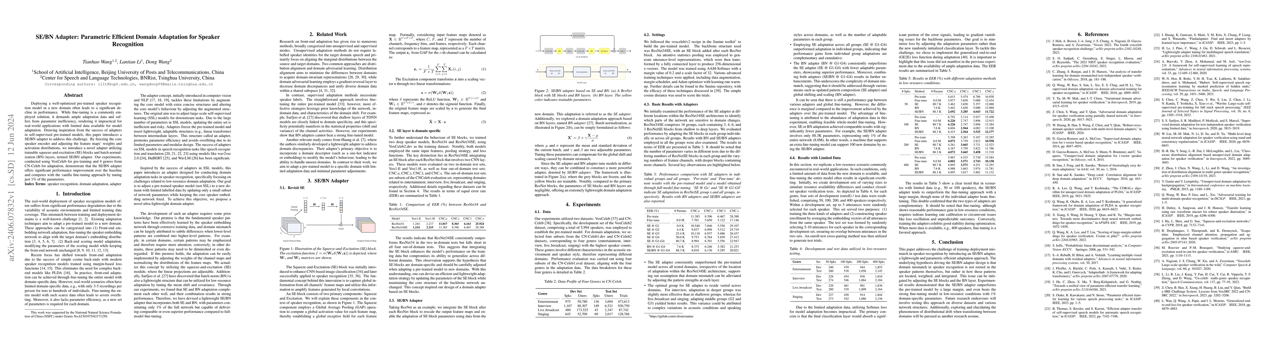 Thumbnail for SE/BN Adapter: Parametric Efficient Domain Adaptation for Speaker
  Recognition