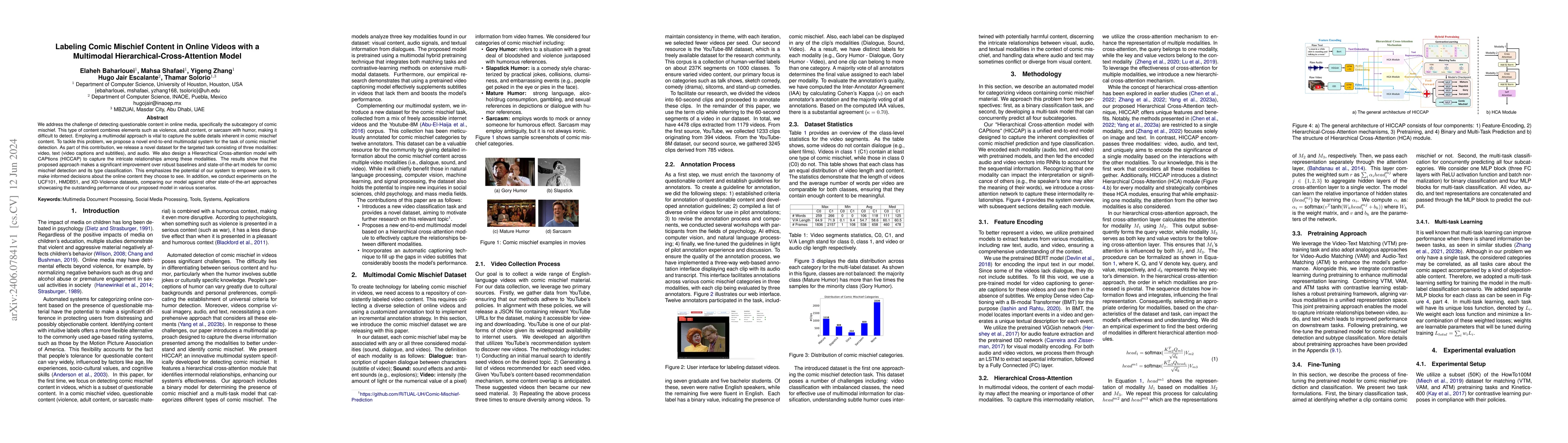 Thumbnail for Labeling Comic Mischief Content in Online Videos with a Multimodal
  Hierarchical-Cross-Attention Model