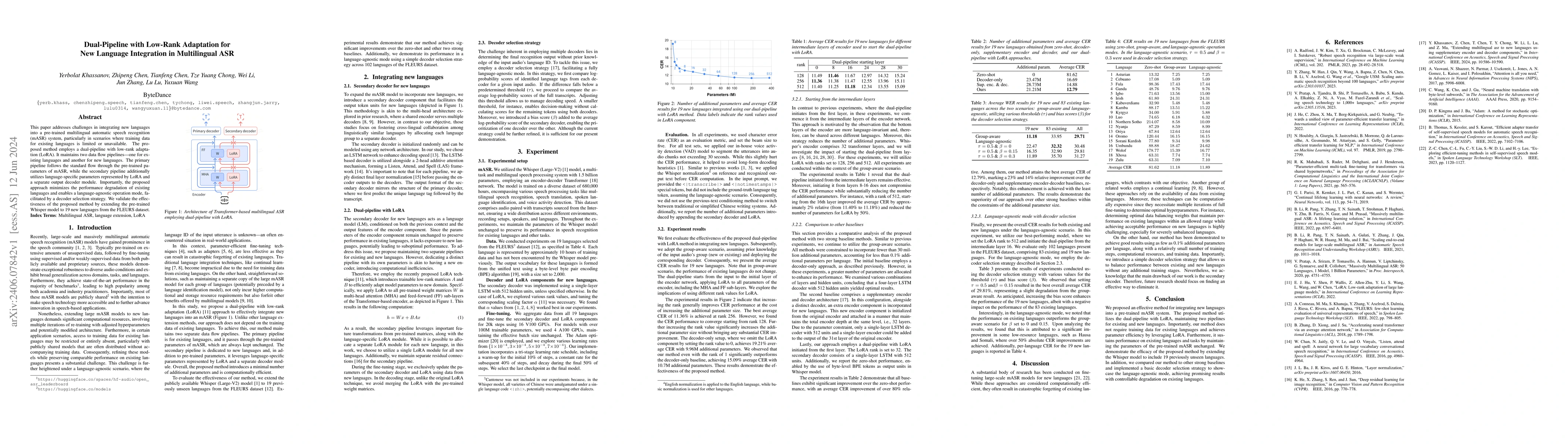 Thumbnail for Dual-Pipeline with Low-Rank Adaptation for New Language Integration in
  Multilingual ASR