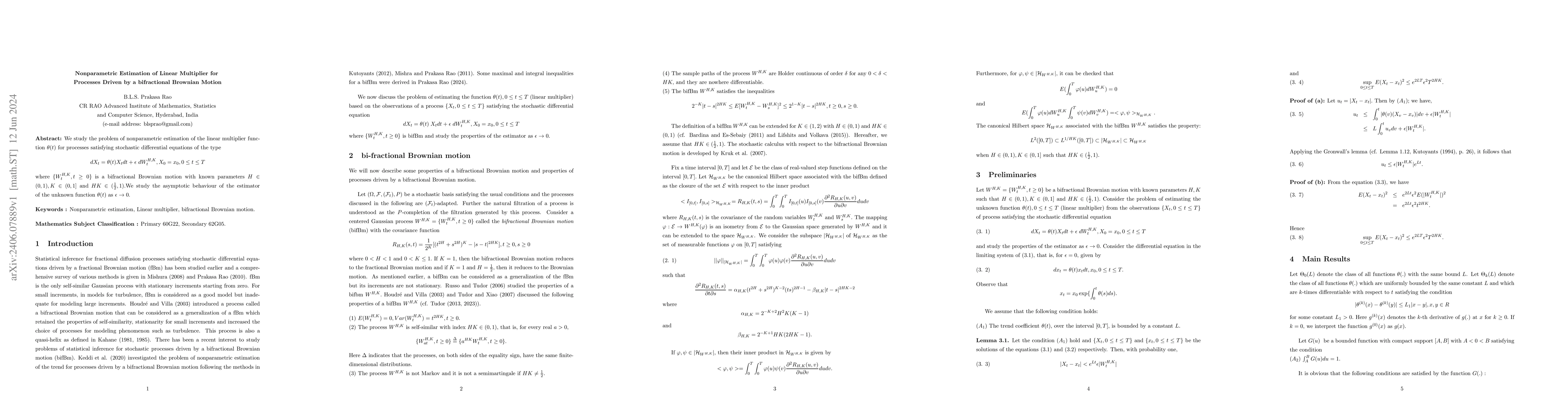Thumbnail for Nonparametric estimation of linear multiplier for processes driven by a
  bifractional Brownian motion