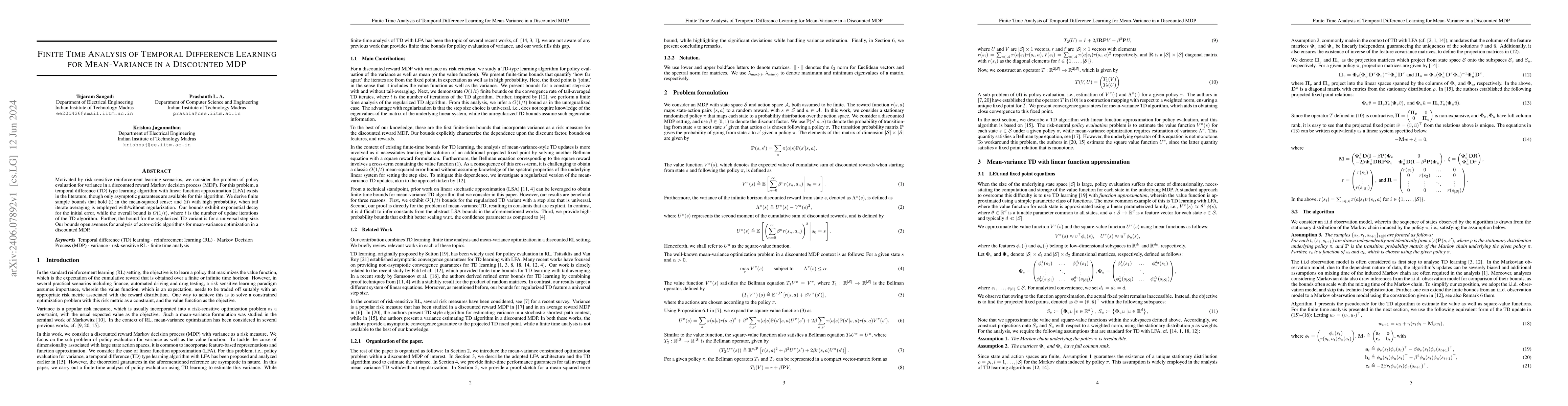 Thumbnail for Finite Time Analysis of Temporal Difference Learning for Mean-Variance
  in a Discounted MDP