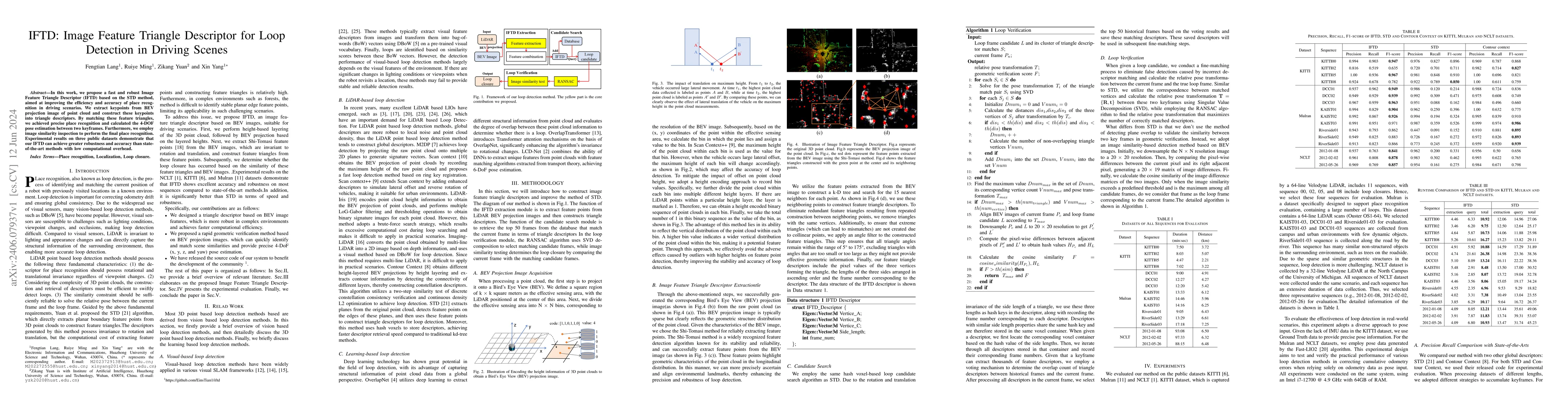 Thumbnail for IFTD: Image Feature Triangle Descriptor for Loop Detection in Driving
  Scenes