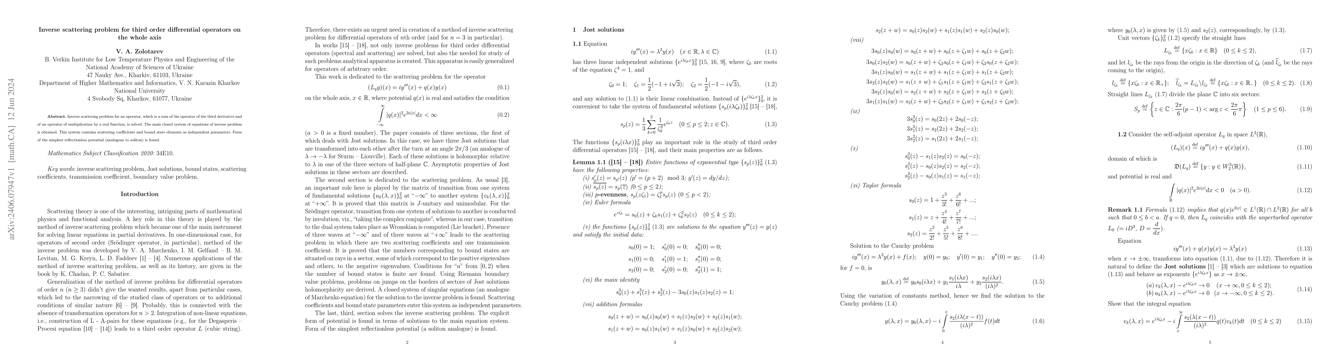 Thumbnail for Inverse scattering problem for third order differential operators on the
  whole axis