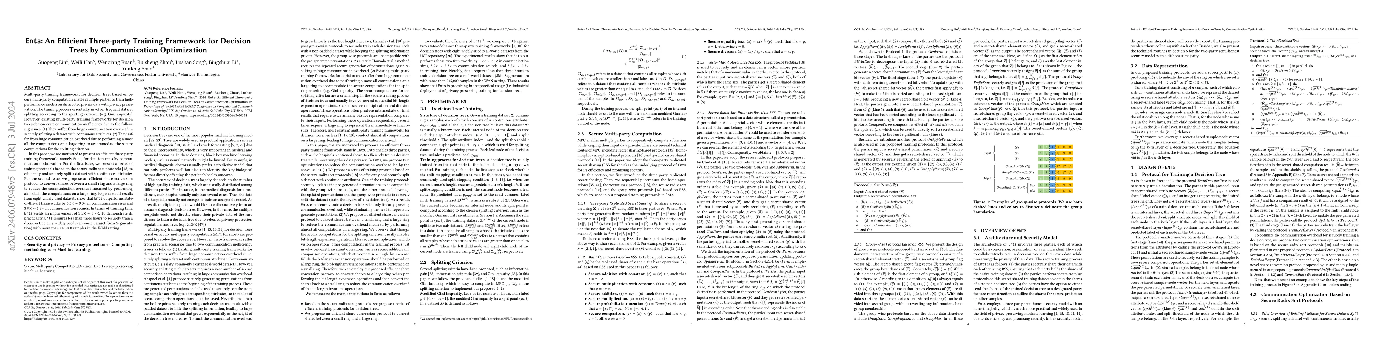 Thumbnail for Ents: An Efficient Three-party Training Framework for Decision Trees by
  Communication Optimization