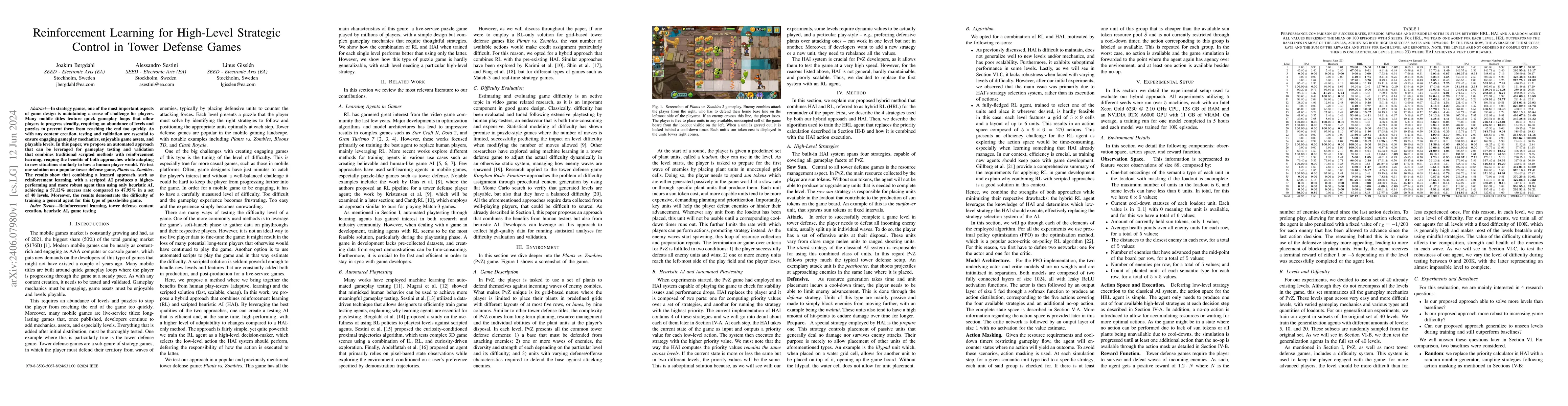 Thumbnail for Reinforcement Learning for High-Level Strategic Control in Tower Defense
  Games