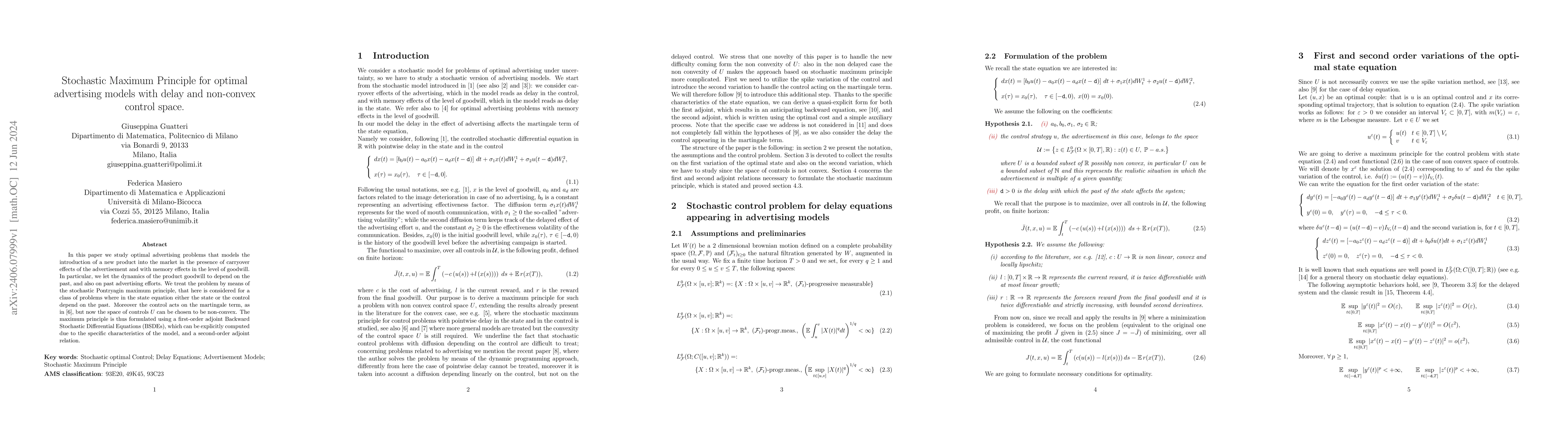 Thumbnail for Stochastic Maximum Principle for optimal advertising models with delay
  and non-convex control space