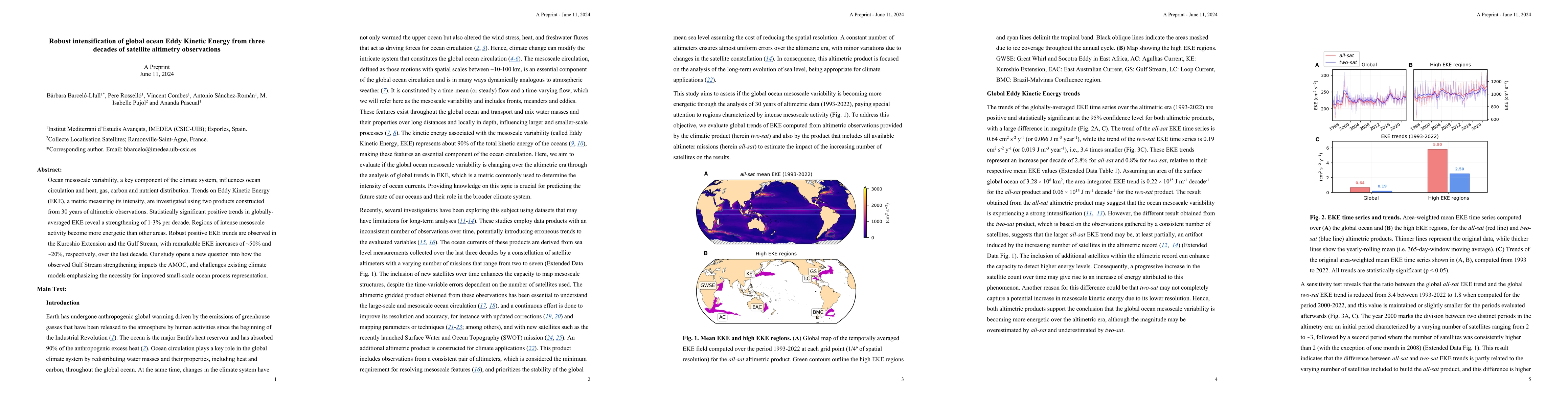 Thumbnail for Robust intensification of global ocean Eddy Kinetic Energy from three
  decades of satellite altimetry observations