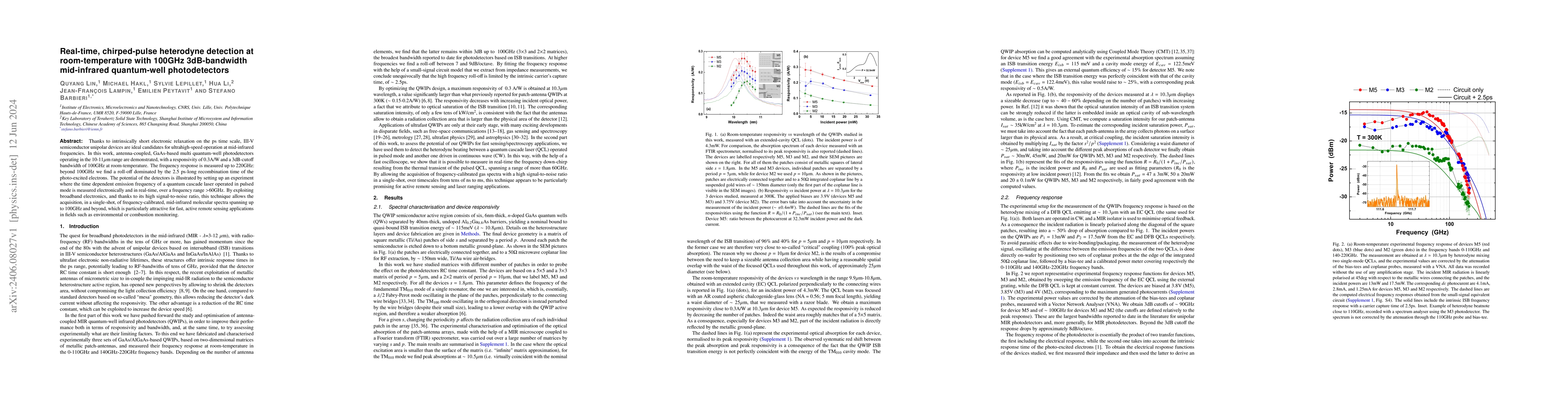 Thumbnail for Real-time, chirped-pulse heterodyne detection at room-temperature with
  100GHz 3dB-bandwidth mid-infrared quantum-well photodetectors