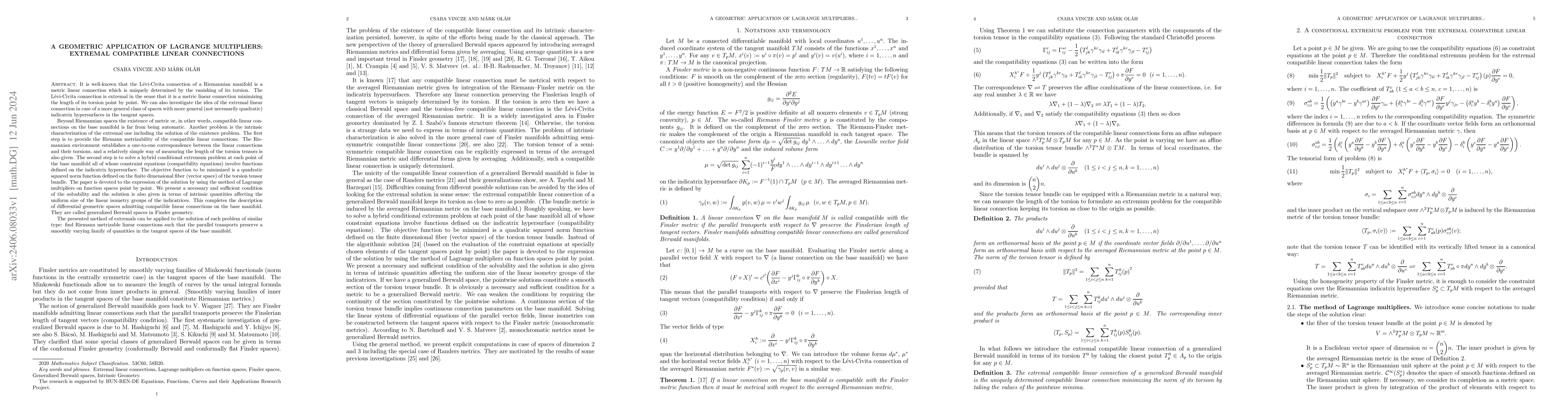 Thumbnail for A geometric application of Lagrange multipliers: extremal compatible
  linear connections