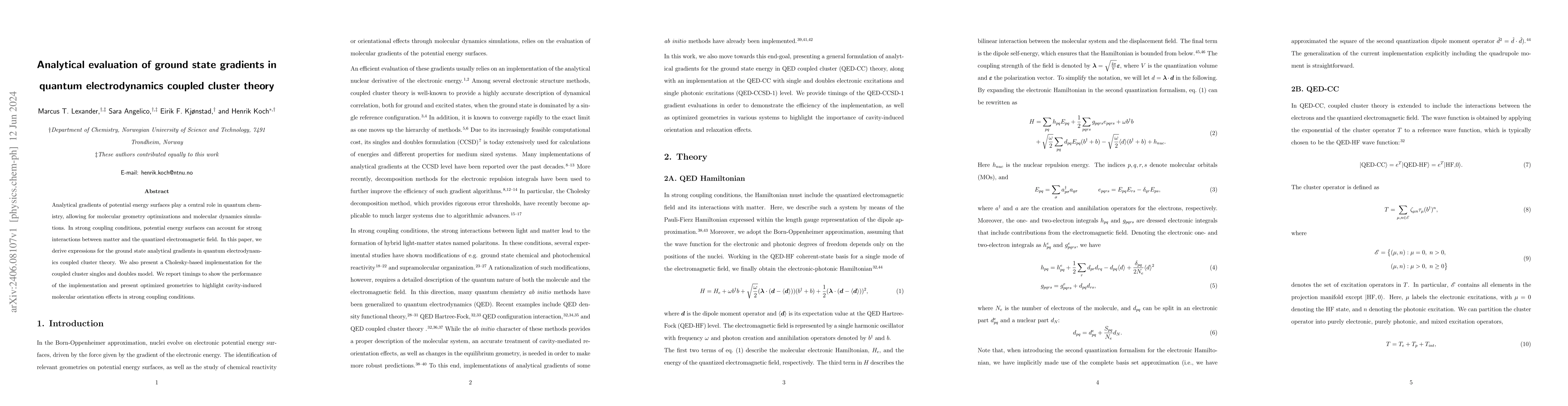 Thumbnail for Analytical evaluation of ground state gradients in quantum
  electrodynamics coupled cluster theory
