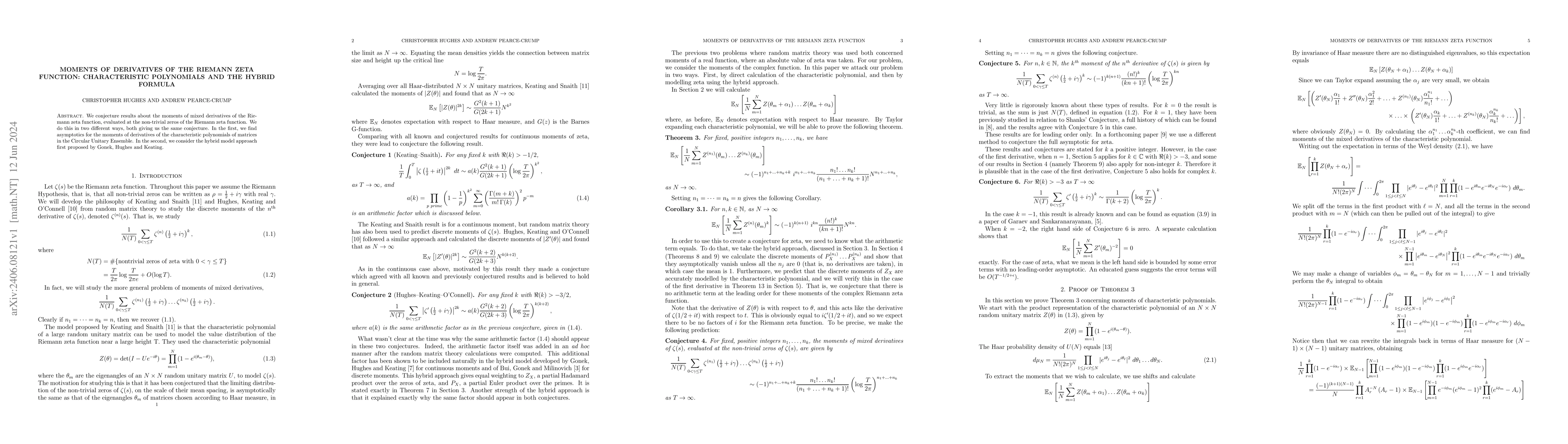 Thumbnail for Moments of derivatives of the Riemann zeta function: Characteristic
  polynomials and the hybrid formula