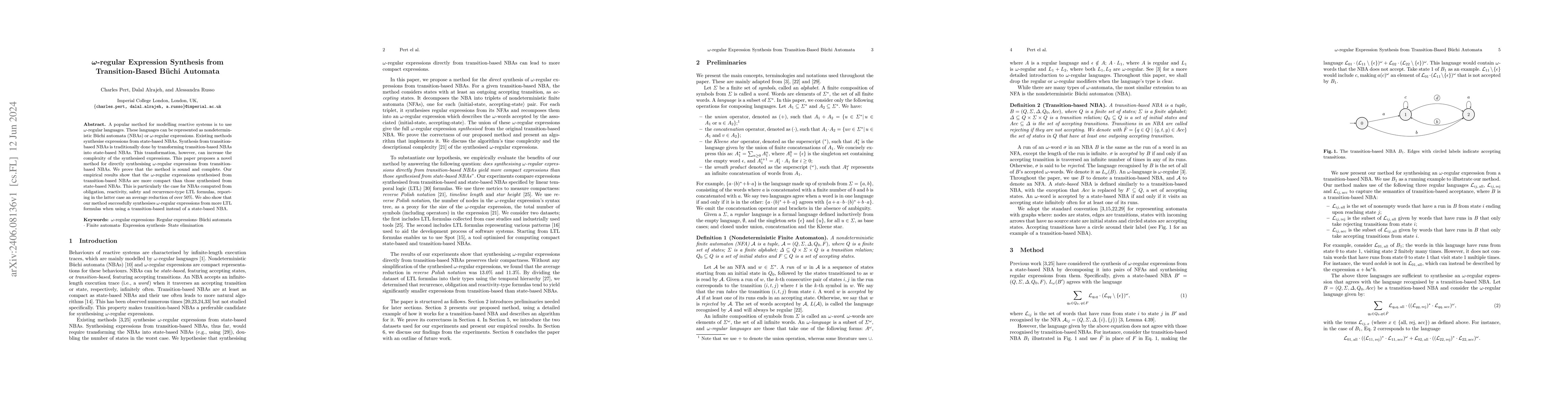Thumbnail for $\omega$-regular Expression Synthesis from Transition-Based B\"uchi
  Automata
