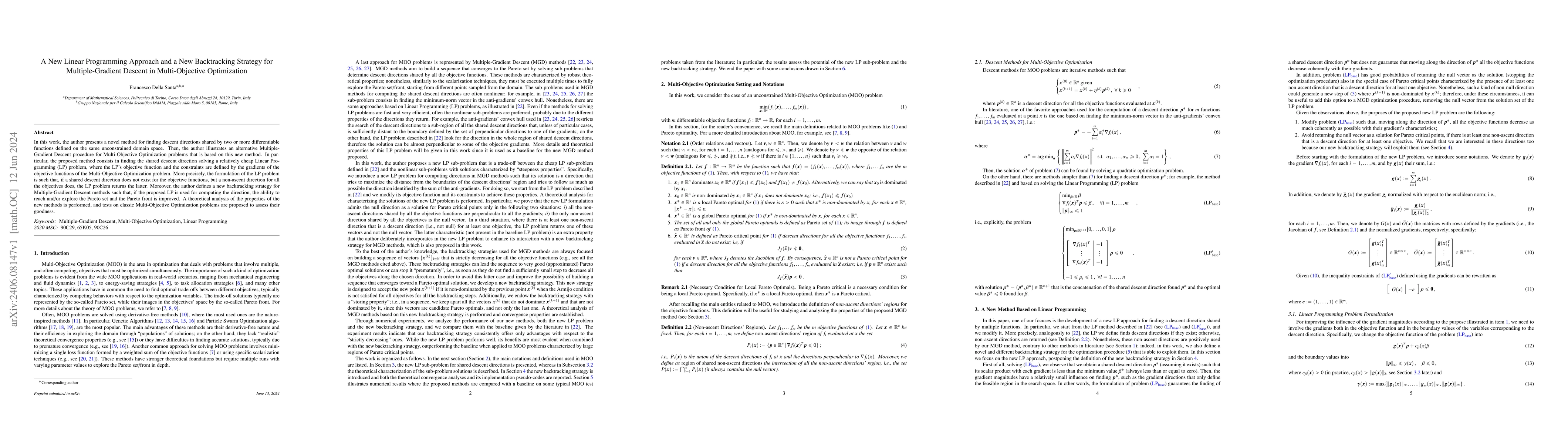 Thumbnail for A New Linear Programming Approach and a New Backtracking Strategy for
  Multiple-Gradient Descent in Multi-Objective Optimization