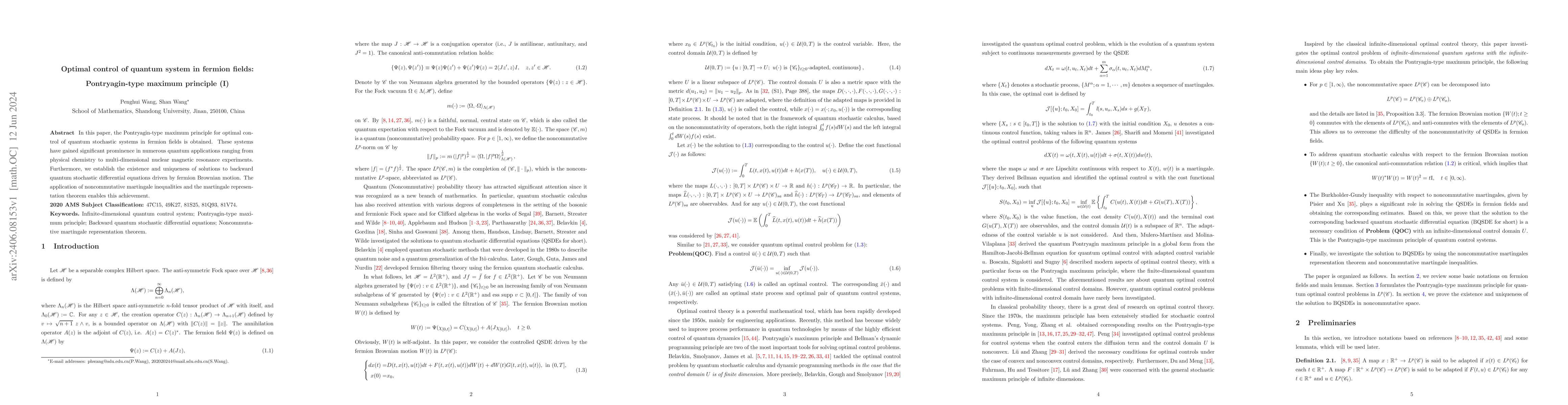 Thumbnail for Optimal control of quantum system in fermion fields: Pontryagin-type
  maximum principle(I)