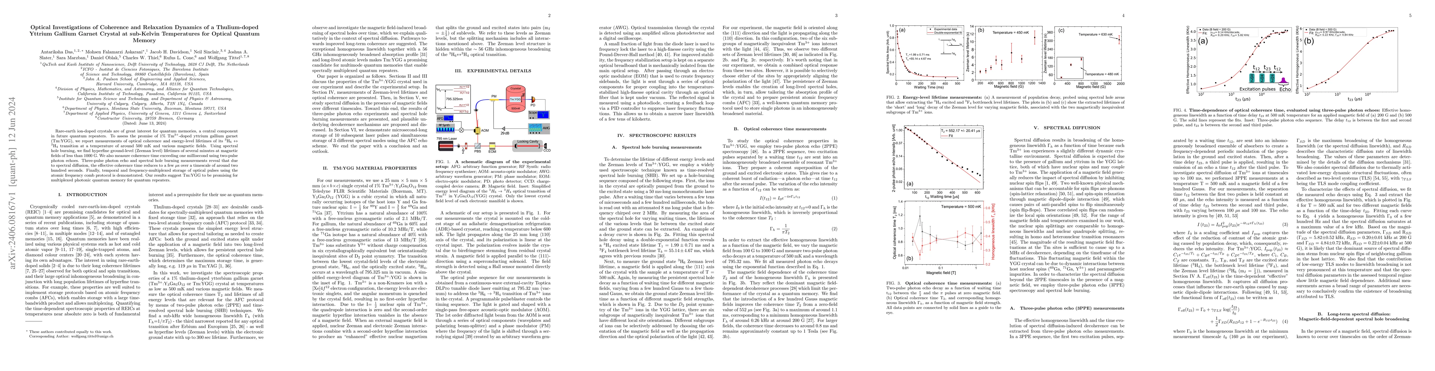 Thumbnail for Optical Investigations of Coherence and Relaxation Dynamics of a
  Thulium-doped Yttrium Gallium Garnet Crystal at sub-Kelvin Temperatures for
  Optical Quantum Memory