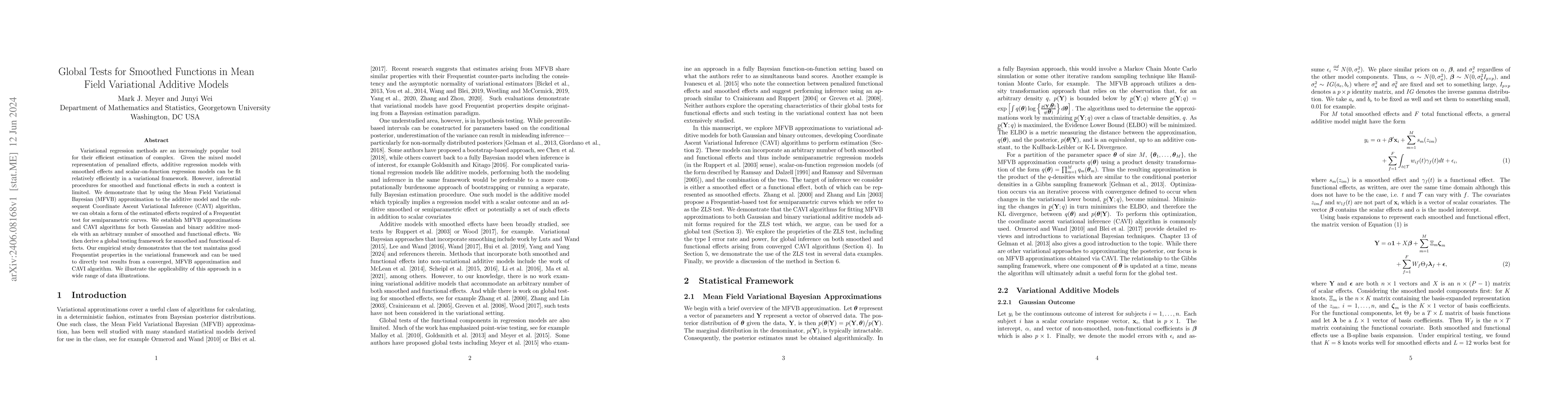 Thumbnail for Global Tests for Smoothed Functions in Mean Field Variational Additive
  Models
