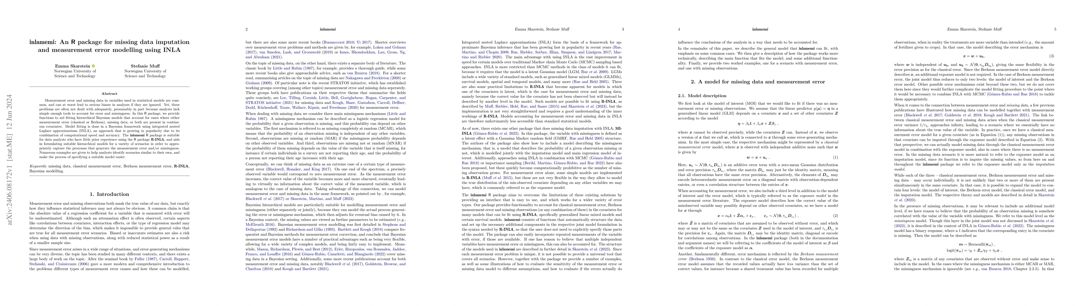 Thumbnail for inlamemi: An R package for missing data imputation and measurement error
  modelling using INLA
