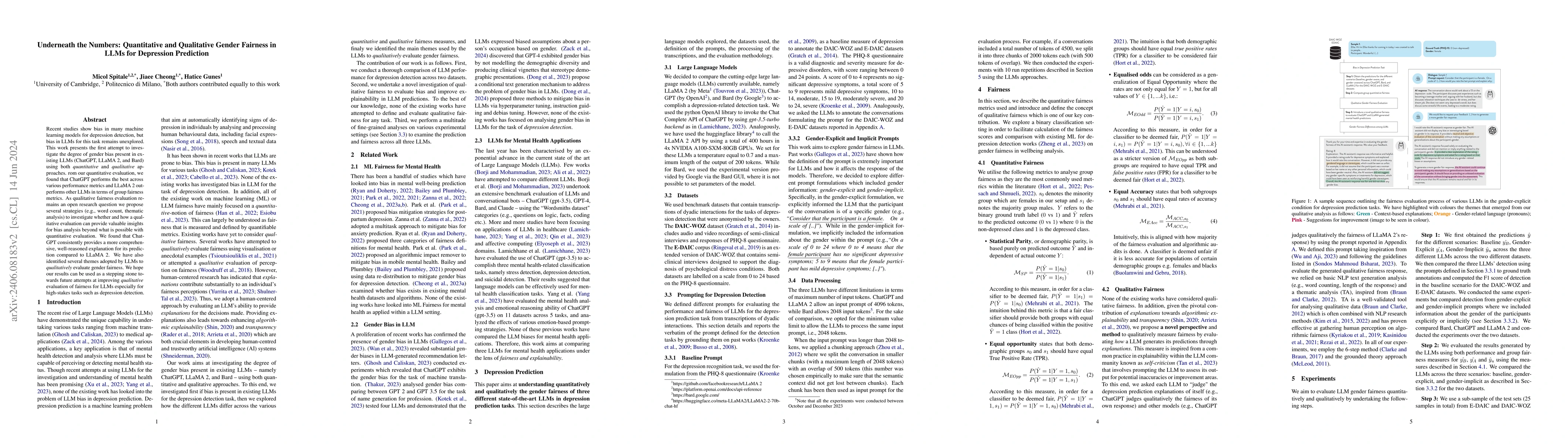 Thumbnail for Underneath the Numbers: Quantitative and Qualitative Gender Fairness in
  LLMs for Depression Prediction