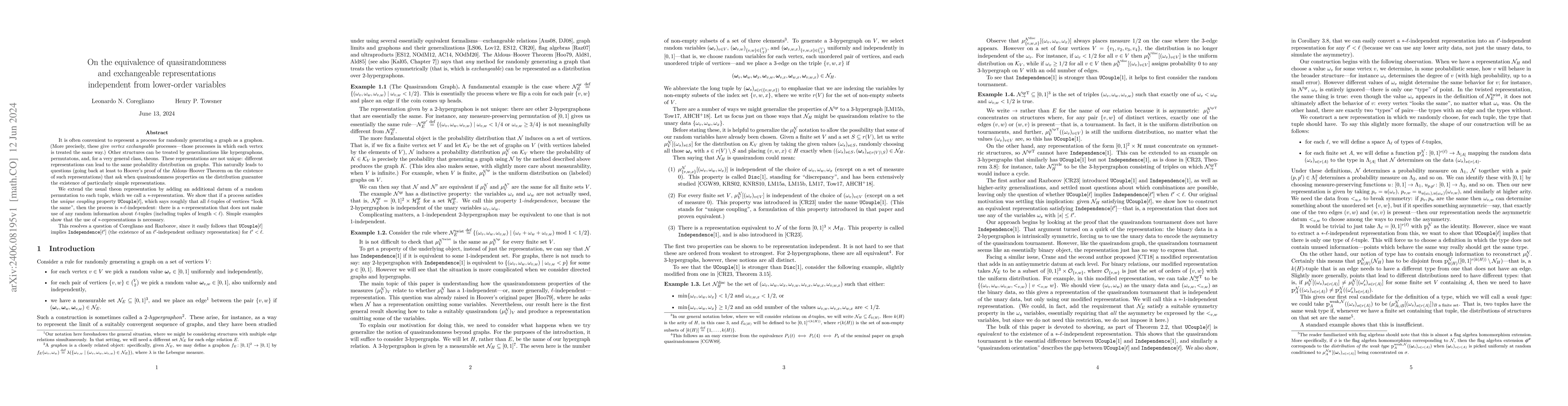 Thumbnail for On the equivalence of quasirandomness and exchangeable representations
  independent from lower-order variables