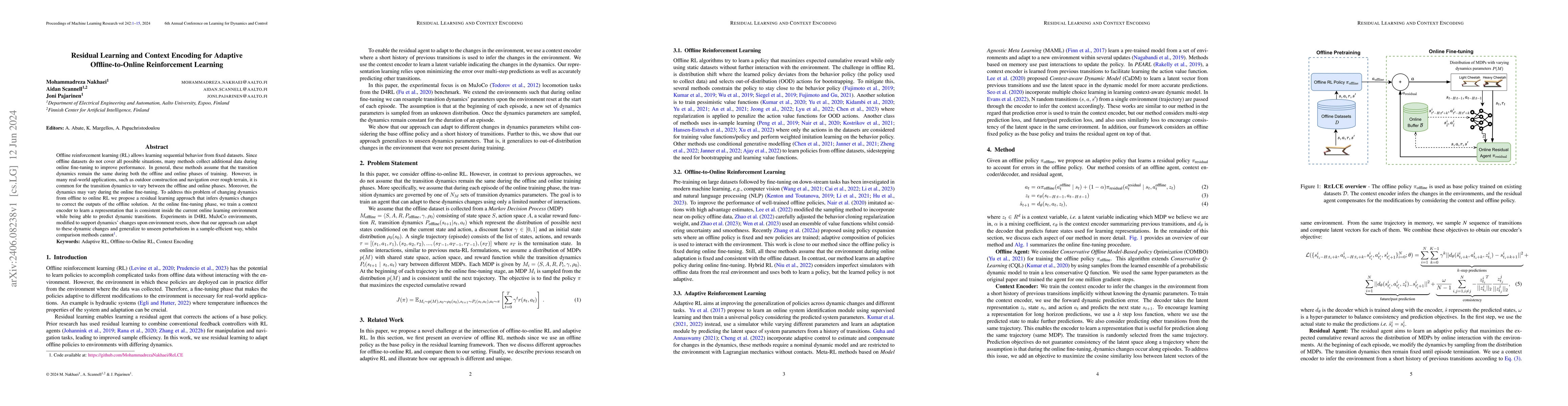 Thumbnail for Residual Learning and Context Encoding for Adaptive Offline-to-Online
  Reinforcement Learning