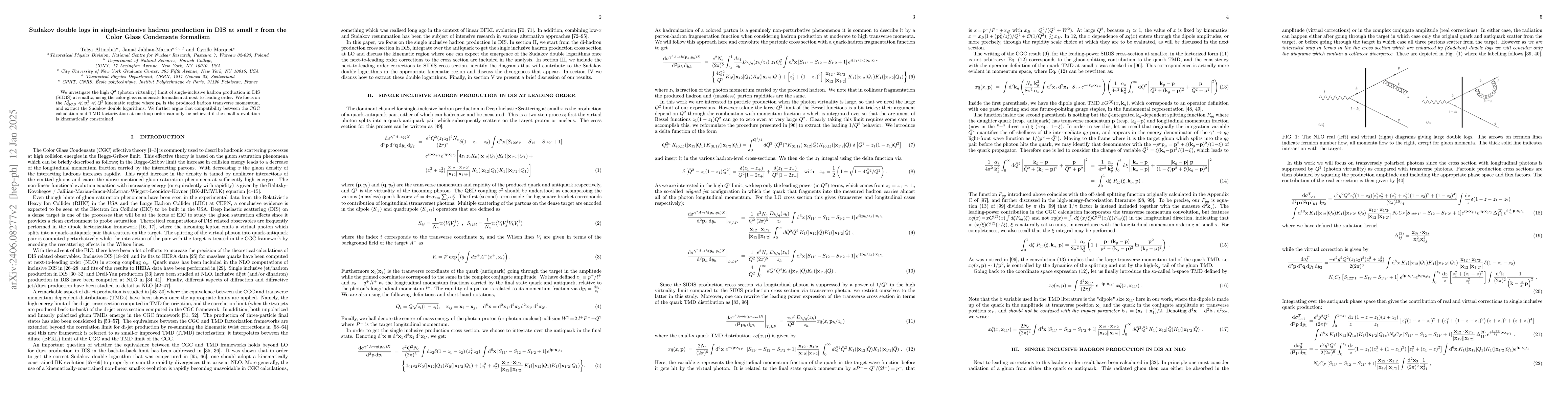 Thumbnail for Sudakov double logs in single-inclusive hadron production in DIS at
  small $x$ from the Color Glass Condensate formalism