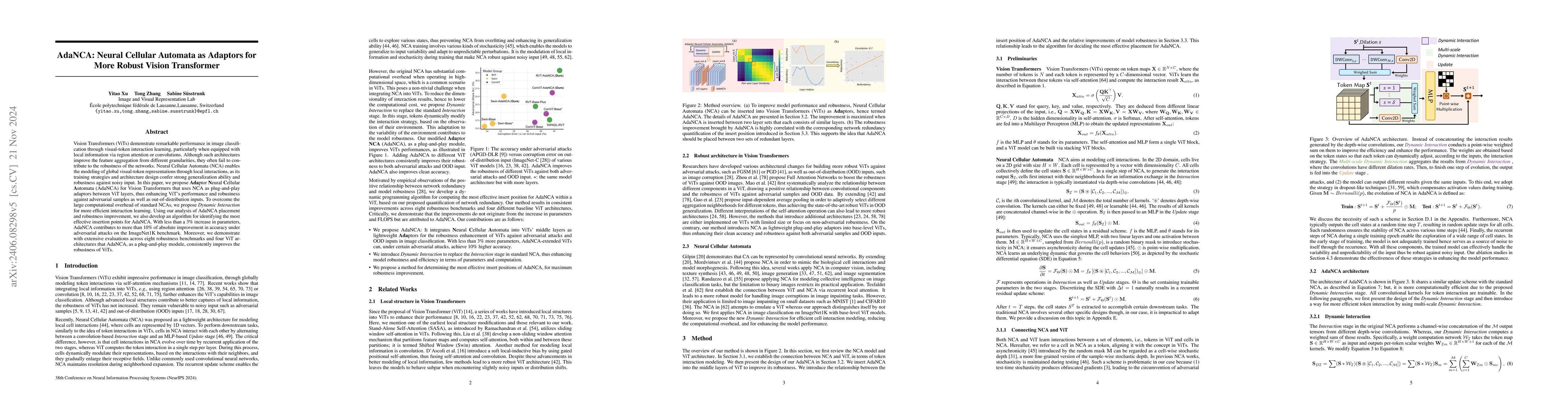 Thumbnail for AdaNCA: Neural Cellular Automata As Adaptors For More Robust Vision
  Transformer