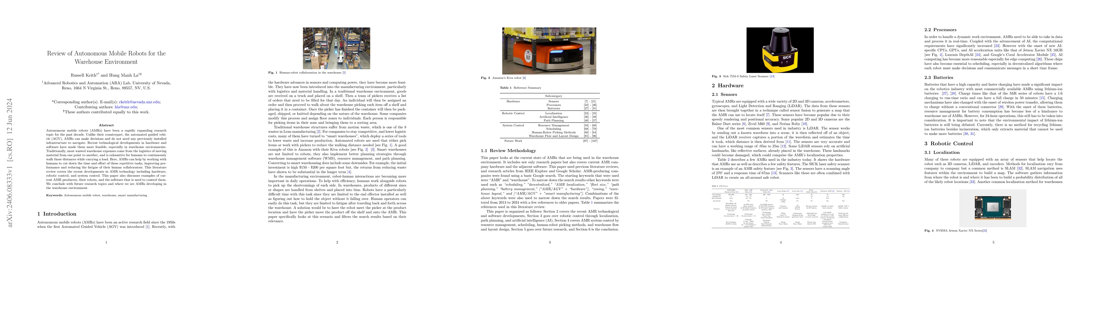 Thumbnail for Review of Autonomous Mobile Robots for the Warehouse Environment