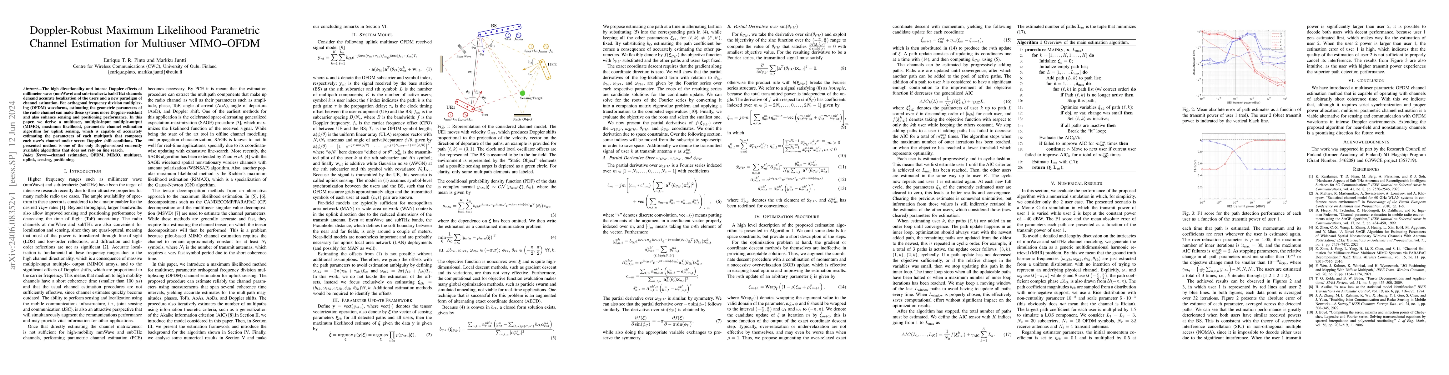 Thumbnail for Doppler-Robust Maximum Likelihood Parametric Channel Estimation for
  Multiuser MIMO-OFDM