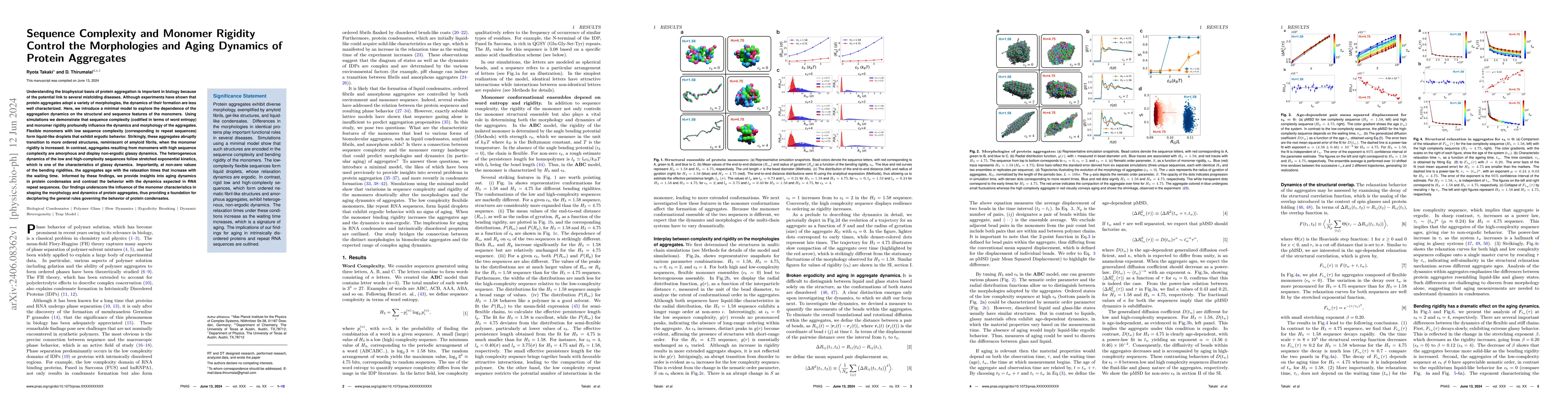 Thumbnail for Sequence Complexity and Monomer Rigidity Control the Morphologies and
  Aging Dynamics of Protein Aggregates