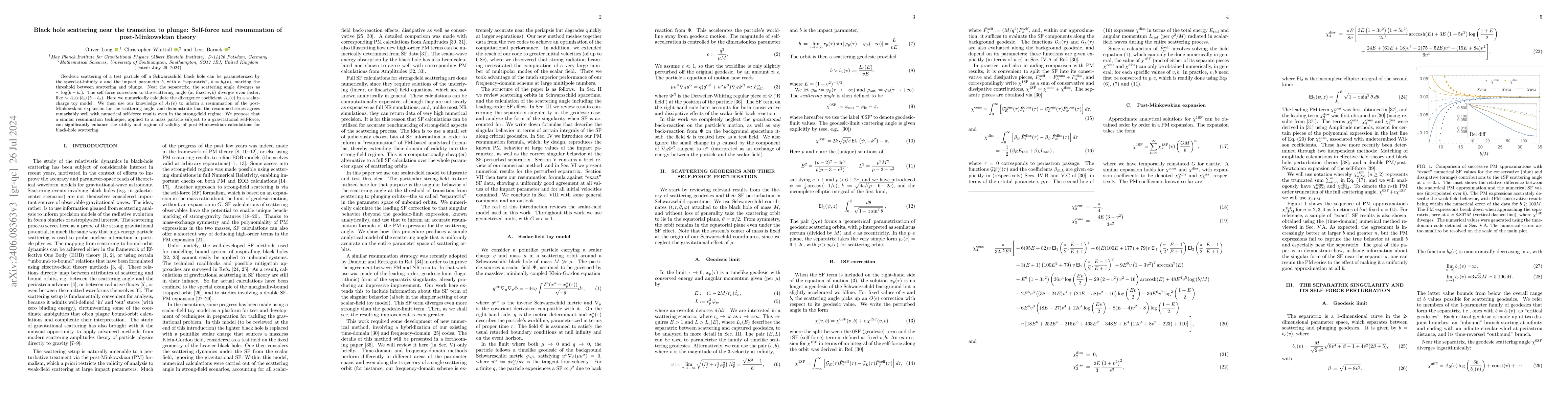 Thumbnail for Black hole scattering near the transition to plunge: Self-force and
  resummation of post-Minkowskian theory