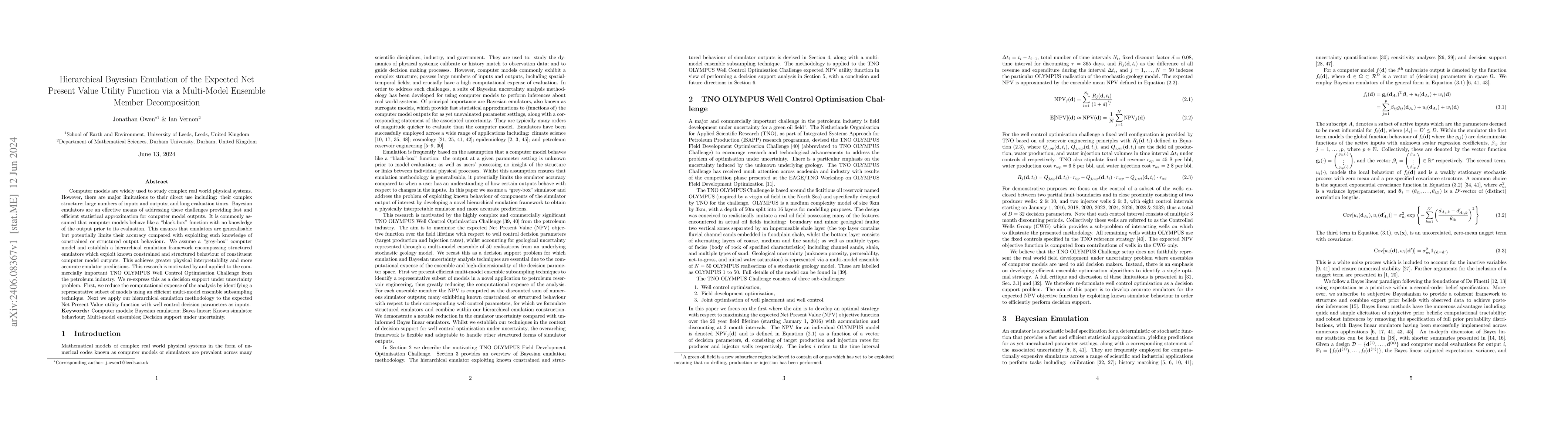 Thumbnail for Hierarchical Bayesian Emulation of the Expected Net Present Value
  Utility Function via a Multi-Model Ensemble Member Decomposition
