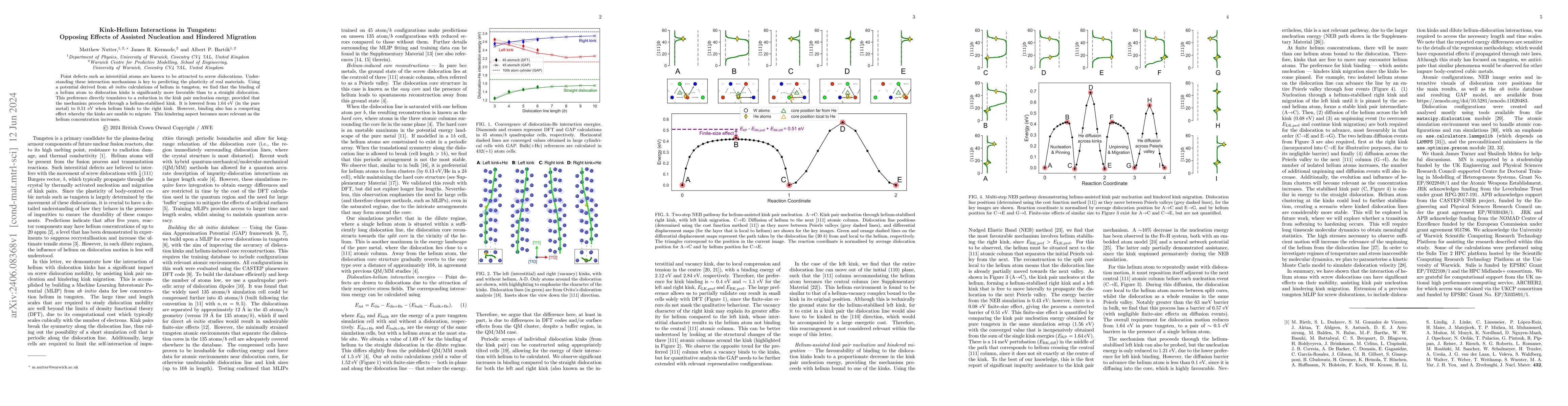 Thumbnail for Kink-Helium Interactions in Tungsten: Opposing Effects of Assisted
  Nucleation and Hindered Migration
