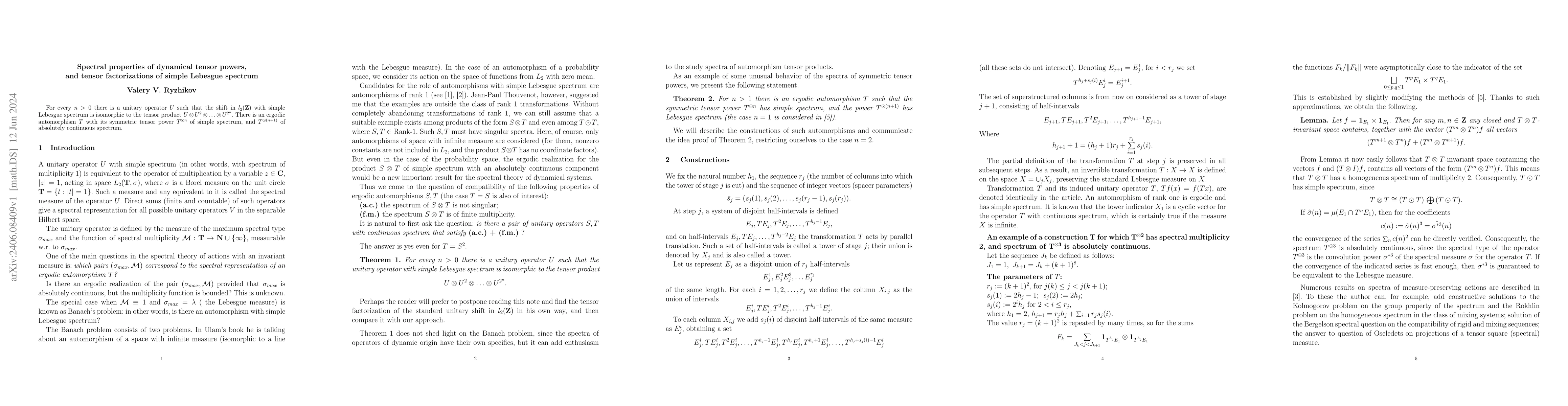 Thumbnail for Spectral properties of dynamical tensor powers, and tensor
  factorizations of simple Lebesgue spectrum