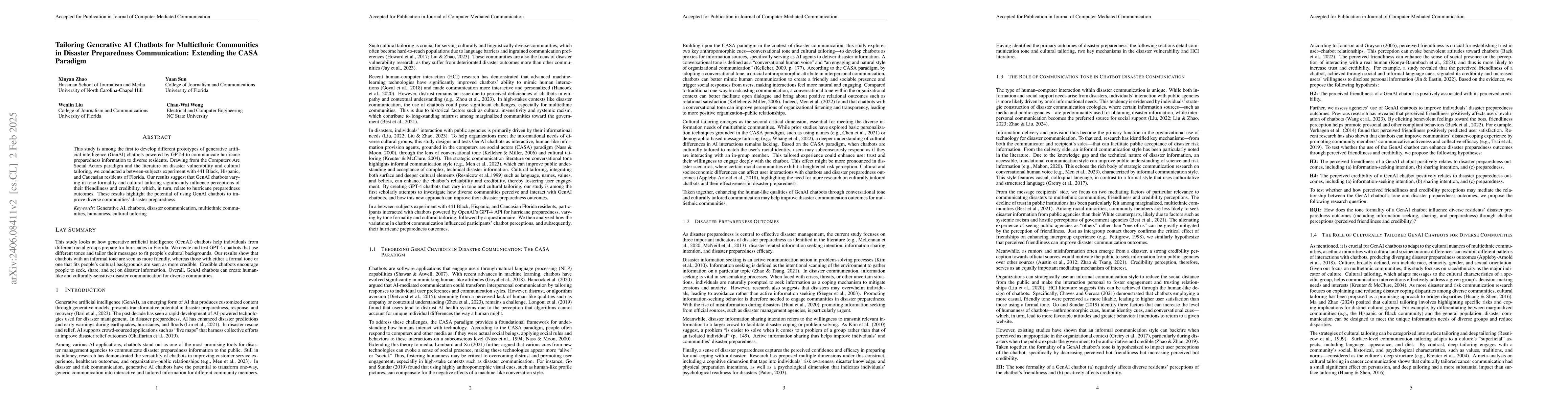 Thumbnail for Tailoring Generative AI Chatbots for Multiethnic Communities in Disaster
  Preparedness Communication: Extending the CASA Paradigm
