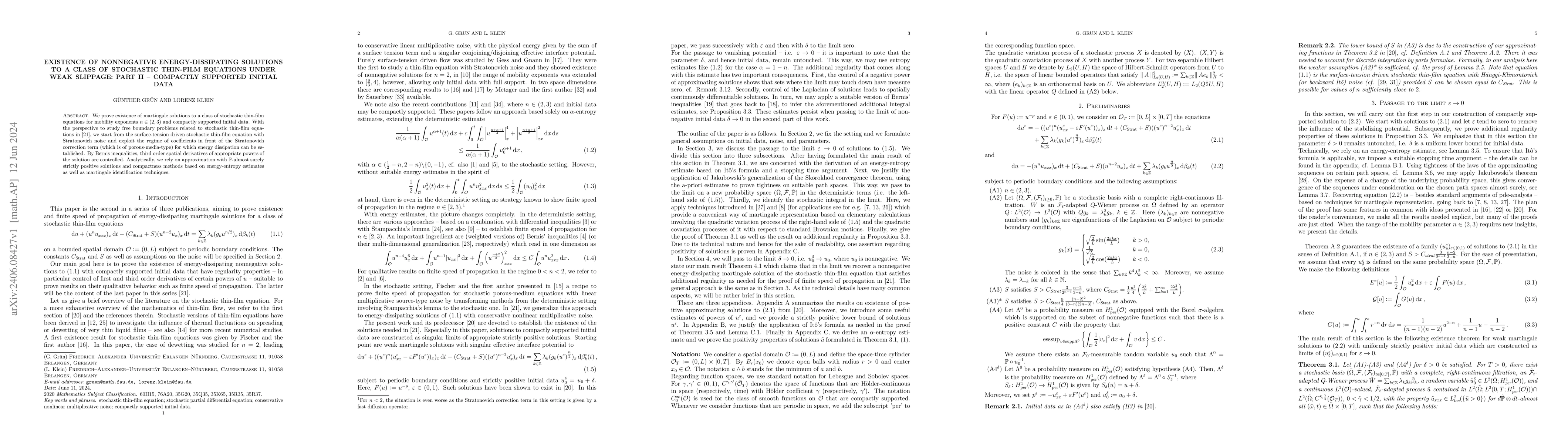 Thumbnail for Existence of nonnegative energy-dissipating solutions to a class of
  stochastic thin-film equations under weak slippage: Part II -- compactly
  supported initial data