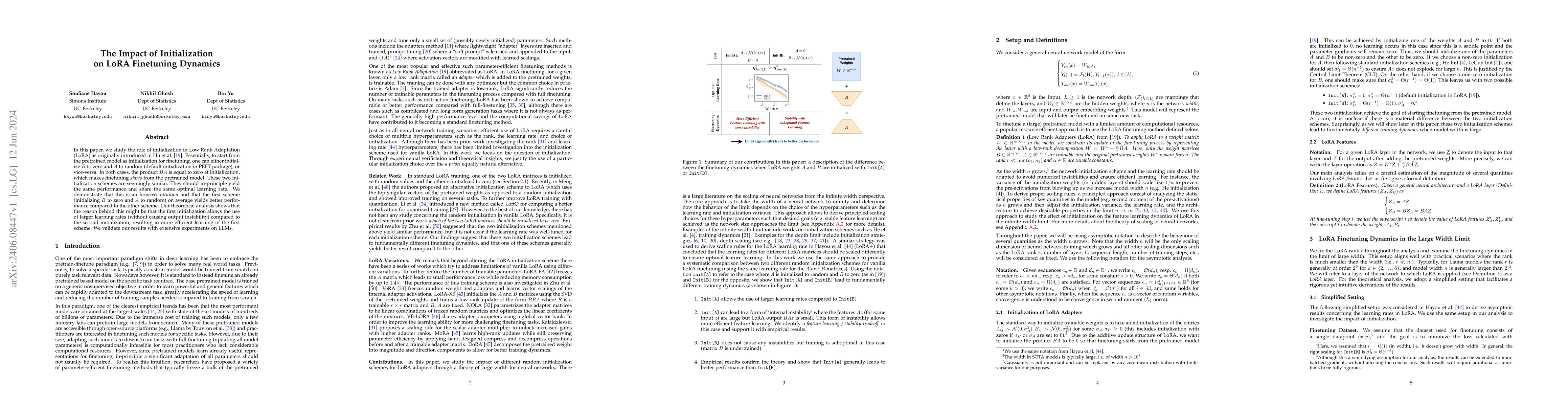 Thumbnail for The Impact of Initialization on LoRA Finetuning Dynamics