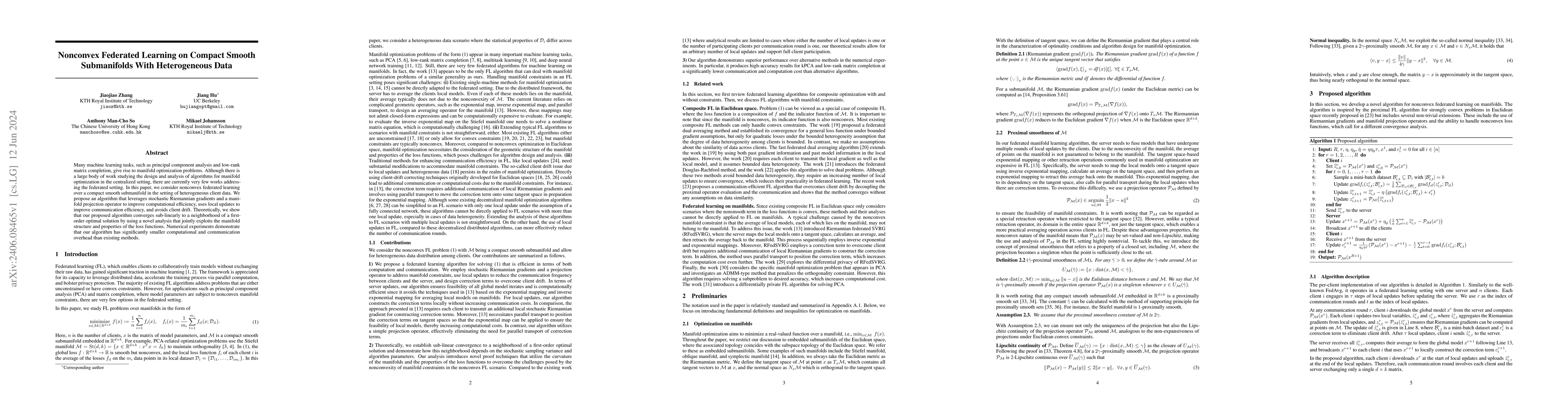 Thumbnail for Nonconvex Federated Learning on Compact Smooth Submanifolds With
  Heterogeneous Data