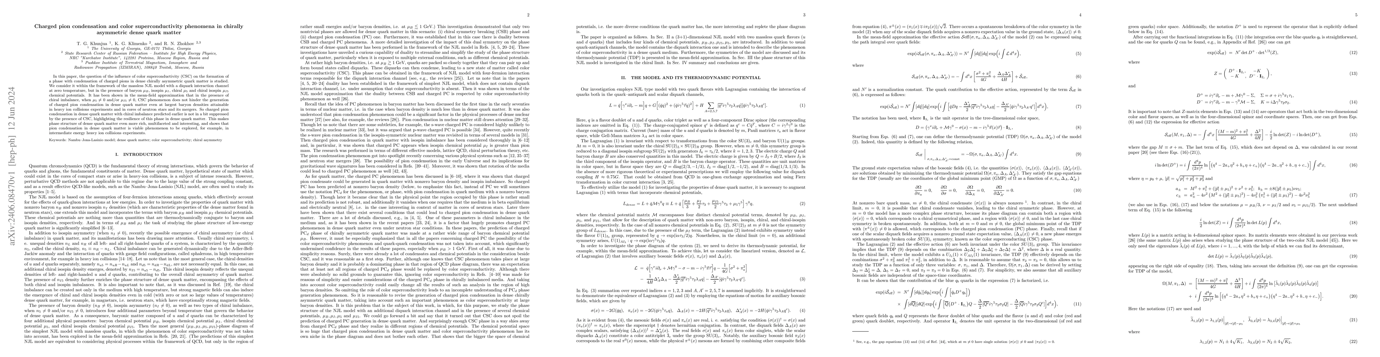 Thumbnail for Charged pion condensation and color superconductivity phenomena in
  chirally asymmetric dense quark matter
