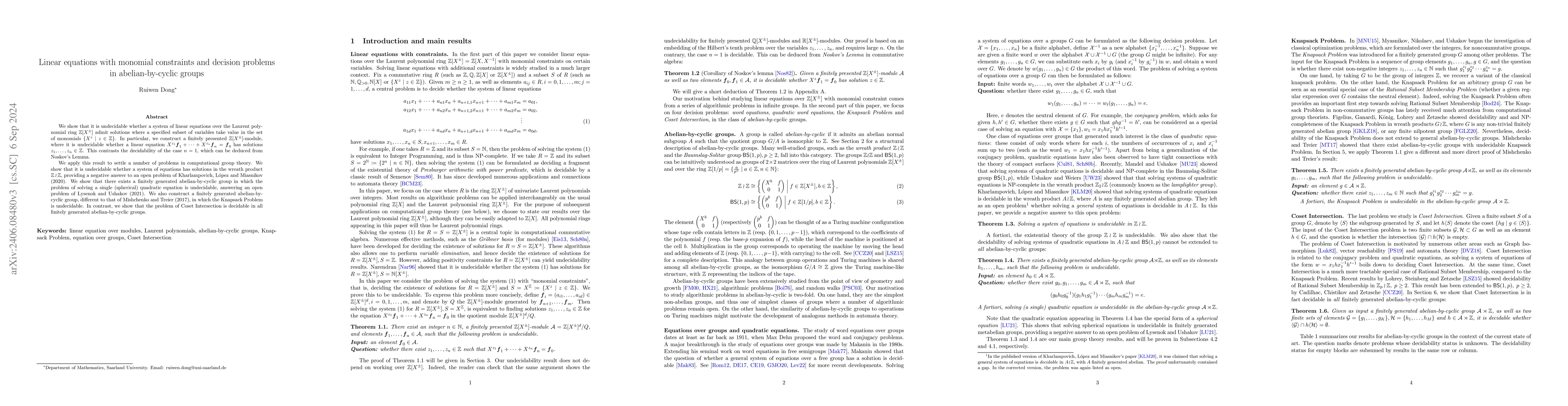 Thumbnail for Linear equations with monomial constraints and decision problems in
  abelian-by-cyclic groups