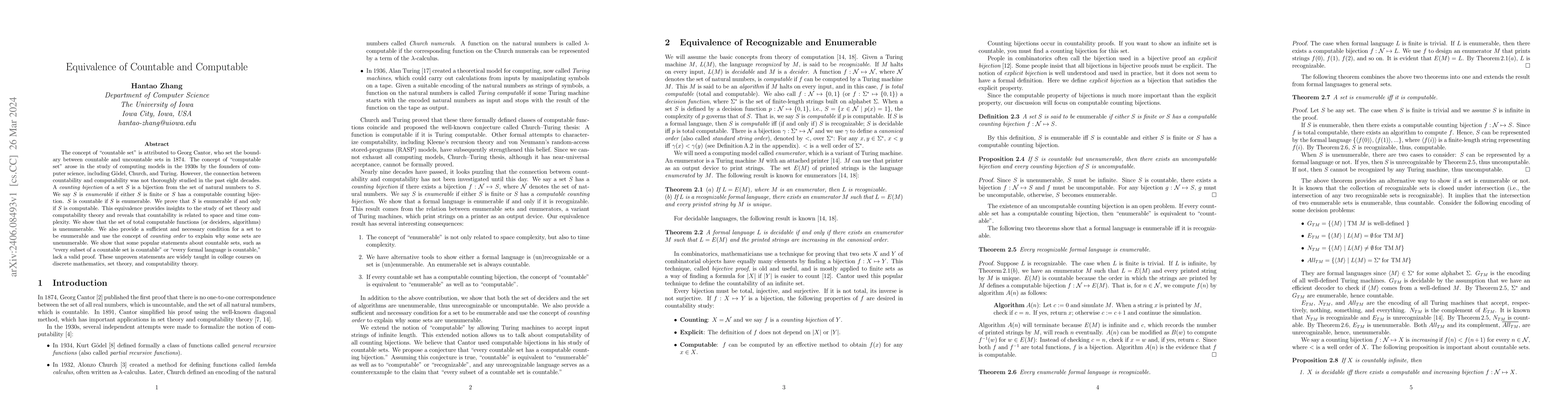 Thumbnail for Equivalence of Countable and Computable
