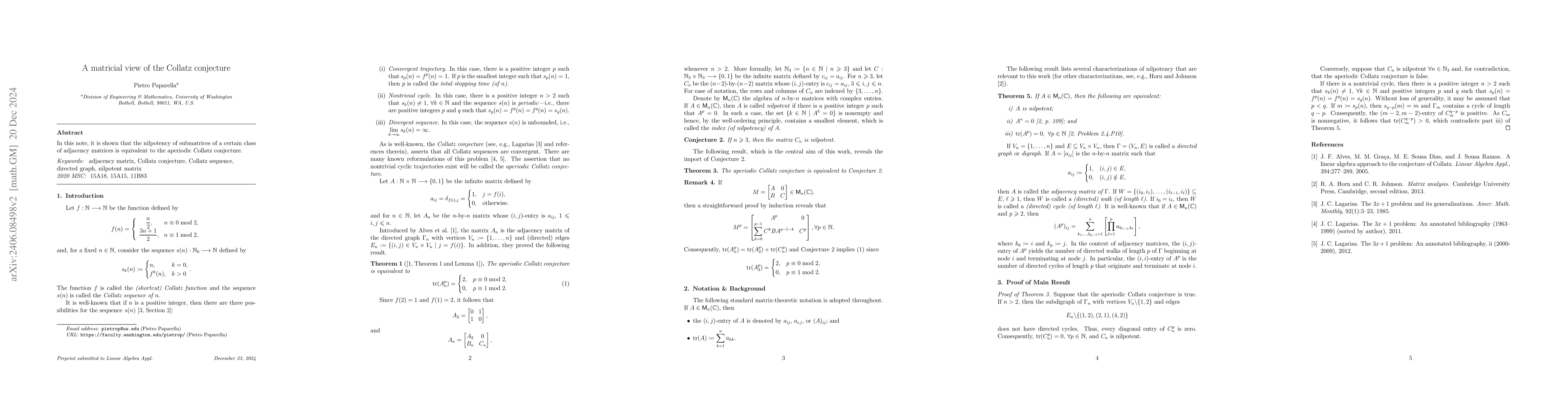 Thumbnail for A matricial view of the Collatz conjecture