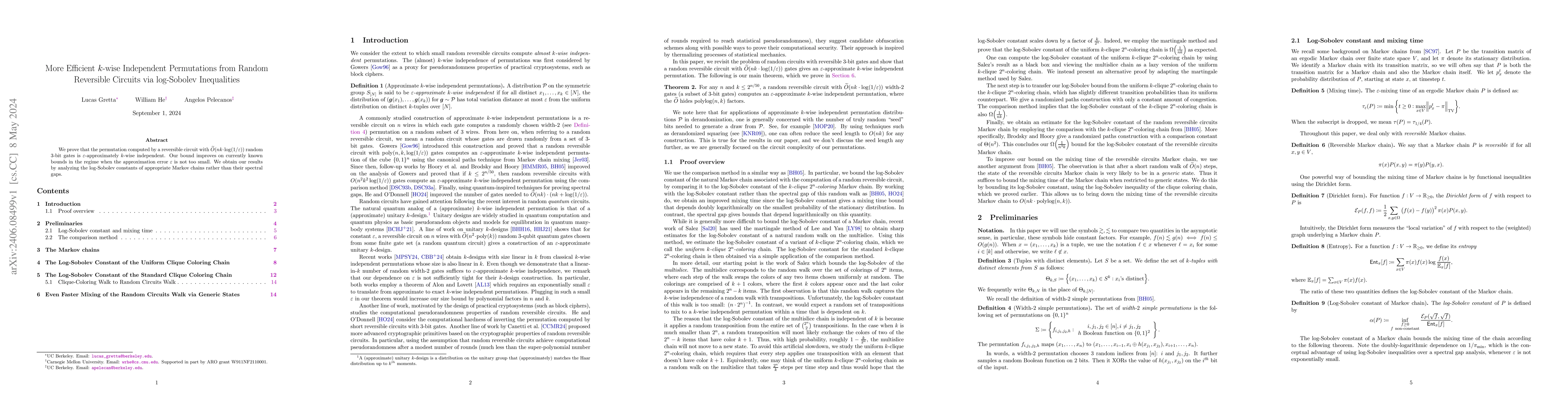 Thumbnail for More Efficient $k$-wise Independent Permutations from Random Reversible
  Circuits via log-Sobolev Inequalities