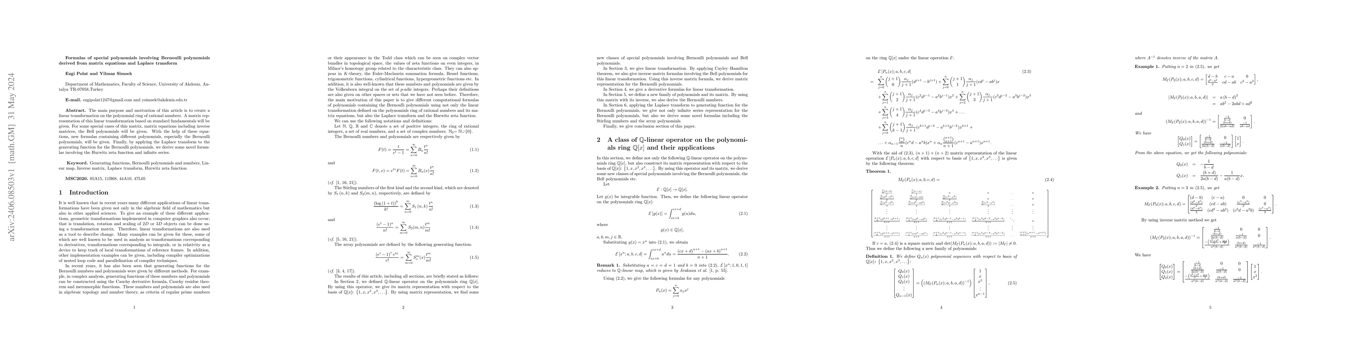 Thumbnail for Formulas of special polynomials involving Bernoulli polynomials derived
  from matrix equations and Laplace transform