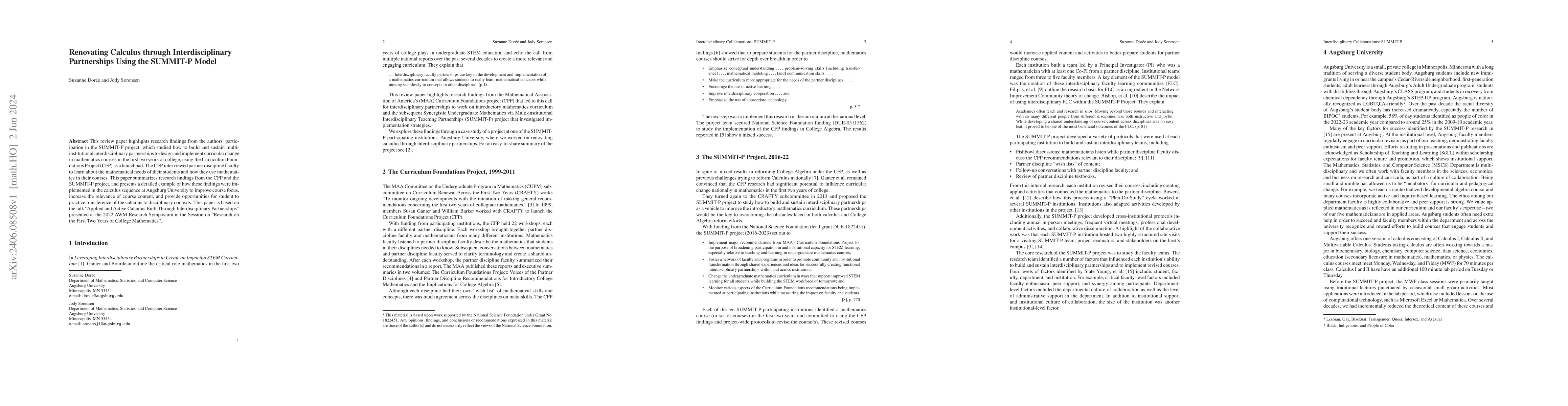Thumbnail for Renovating Calculus through Interdisciplinary Partnerships Using the
  SUMMIT-P Model