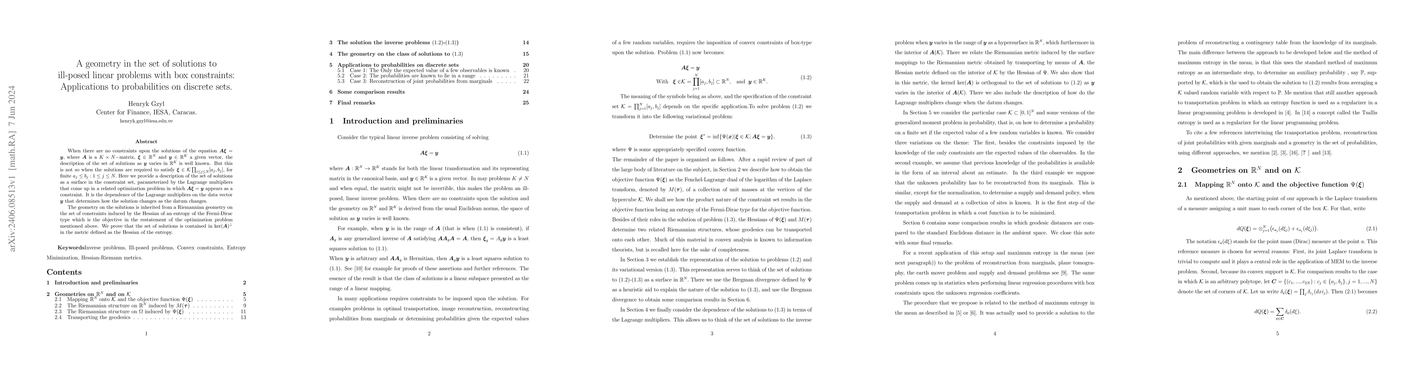 Thumbnail for A geometry in the set of solutions to ill-posed linear problems with box
  constraints: Applications to probabilities on discrete sets