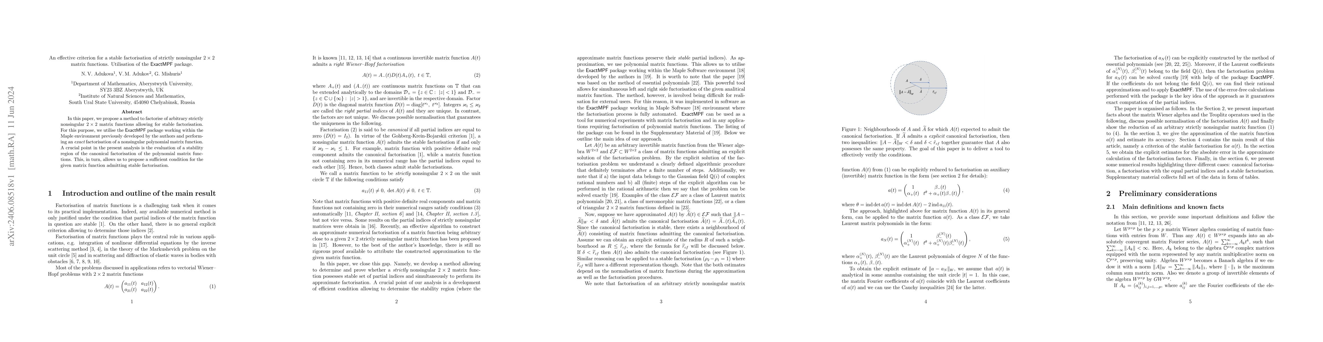 Thumbnail for An effective criterion for a stable factorisation of strictly
  nonsingular 2x2 matrix functions. Utilisation of the ExactMPF package