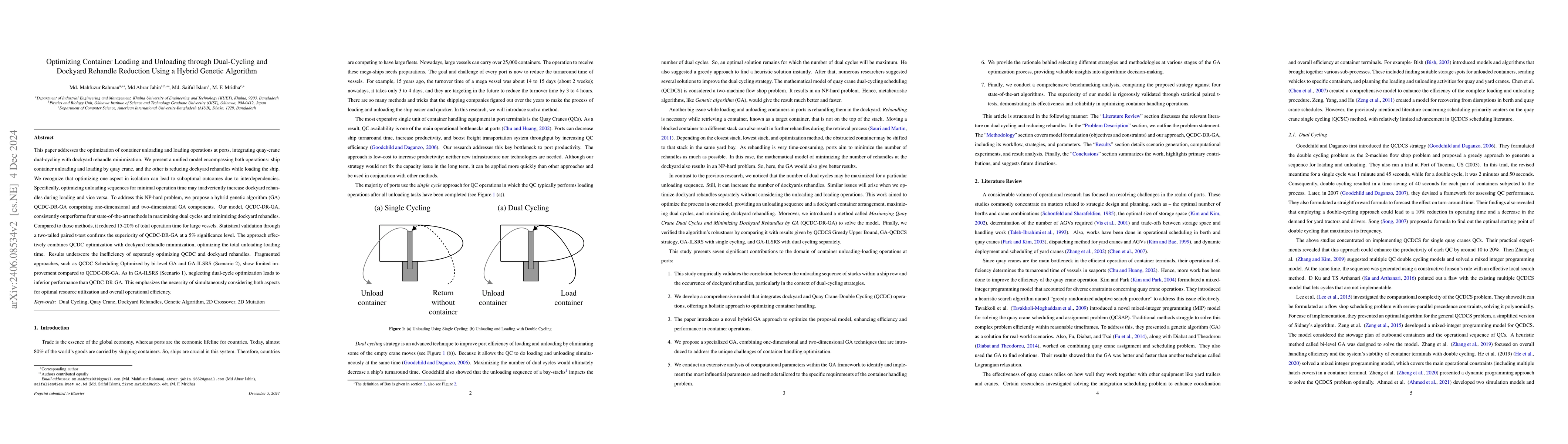 Thumbnail for Optimizing Container Loading and Unloading through Dual-Cycling and
  Dockyard Rehandle Reduction Using a Hybrid Genetic Algorithm