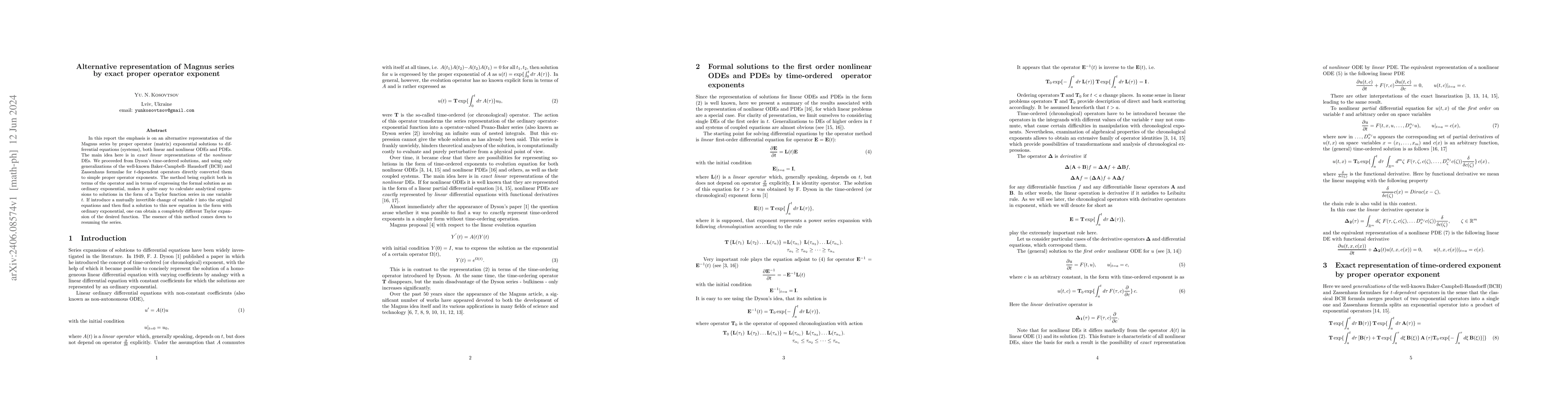Thumbnail for Alternative representation of Magnus series by exact proper operator
  exponent