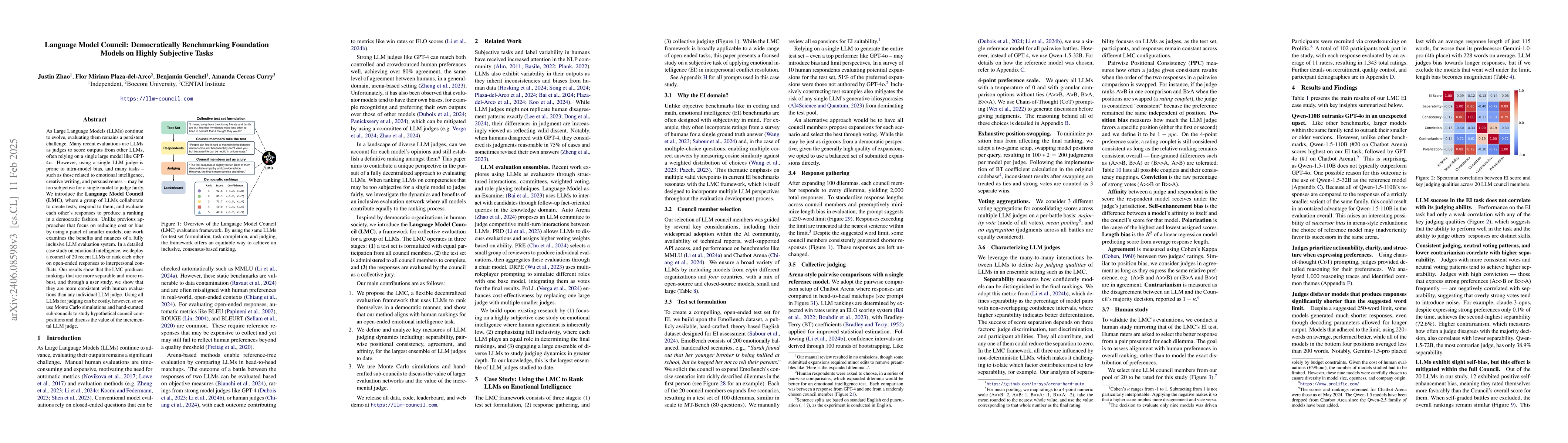Thumbnail for Language Model Council: Benchmarking Foundation Models on Highly
  Subjective Tasks by Consensus