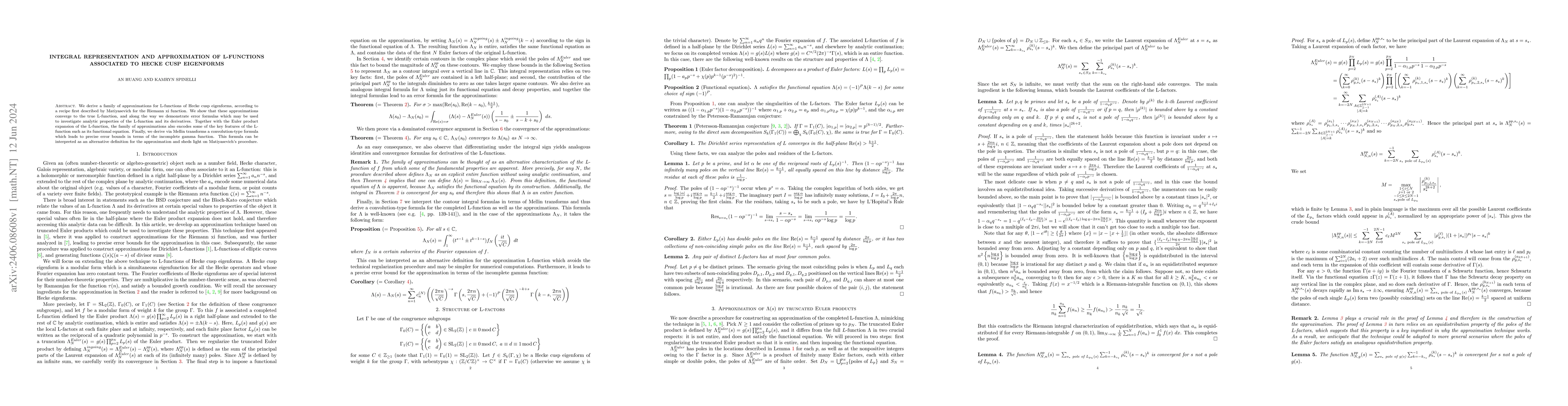 Thumbnail for Integral representation and approximation of L-functions associated to
  Hecke cusp eigenforms